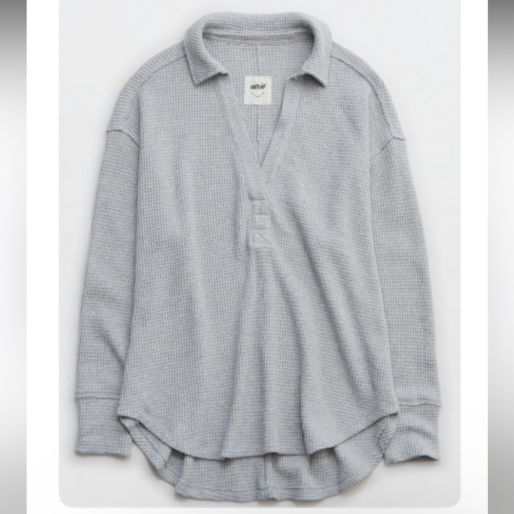 NWT AERIE LUMBERJANE WAFFLE POLO SWEATSHIRT Heather Gray XL
